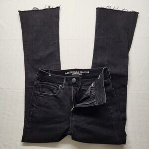 American Eagle Jeans Slim Flare Womens 2 Tall Black Distressed Raw Hem 80s Disco